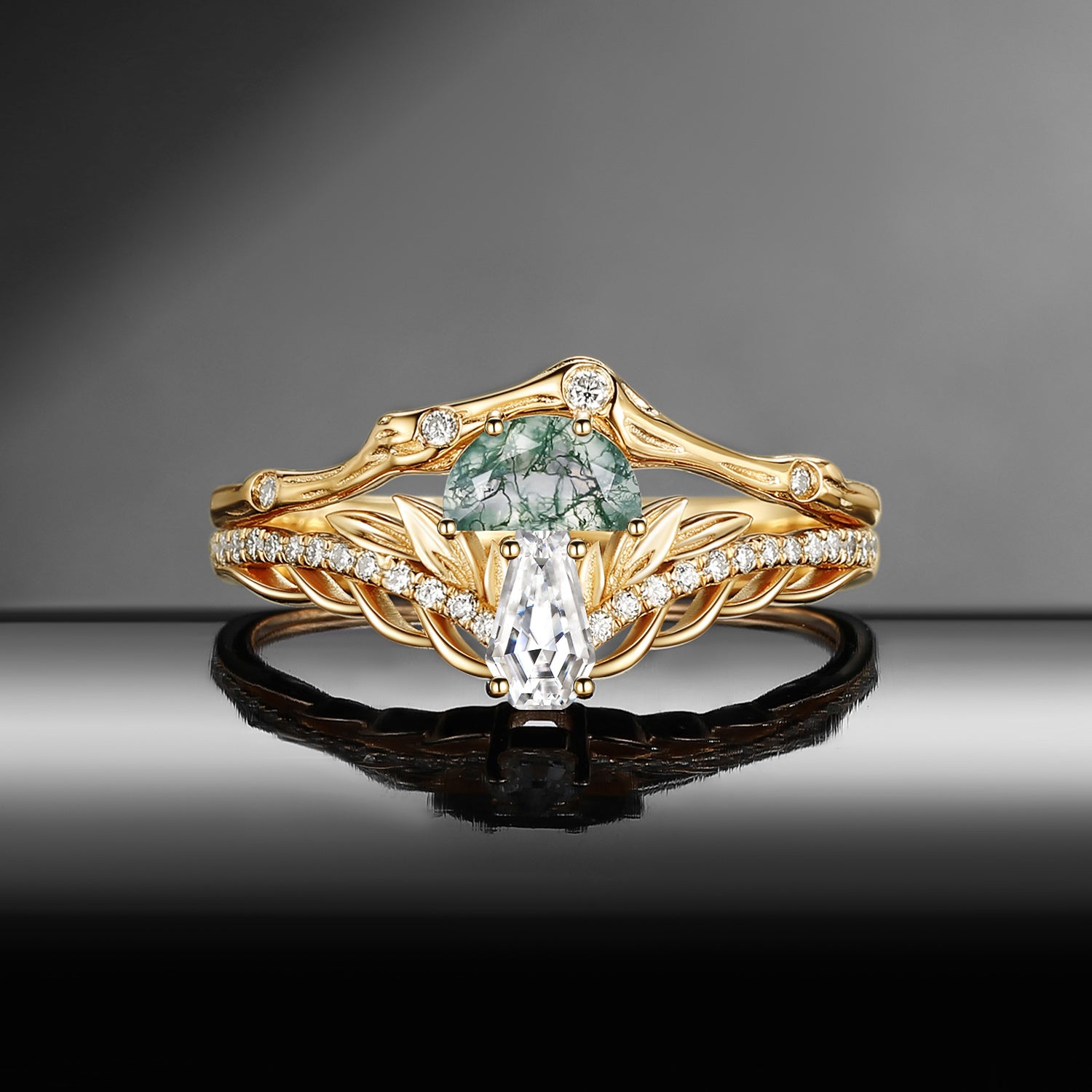 Nature Inspired Bark Textured 'Tree of Life' Half Moon Moss Agate & Coffin Moissanite Mushroom Engagement Ring Set 2pcs