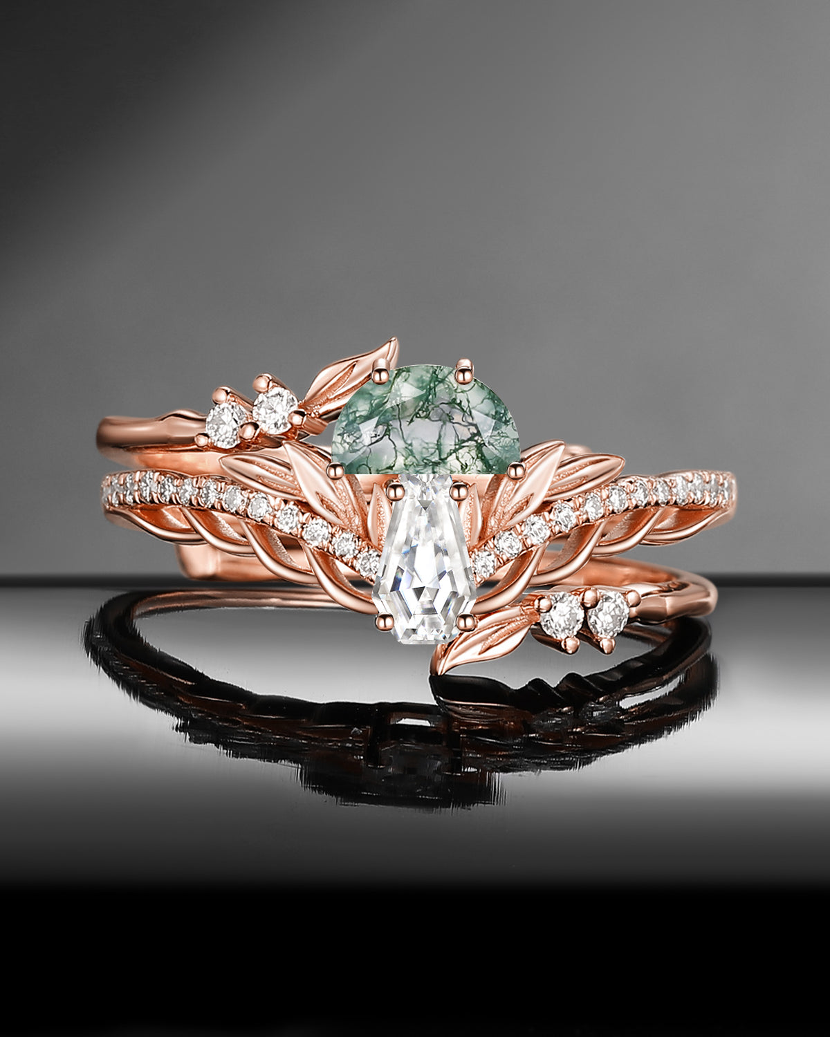 Nature Inspired 'Tree of Life' Half Moon Moss Agate & Coffin Moissanite Mushroom Leafy Cage Ring Set 2pcs