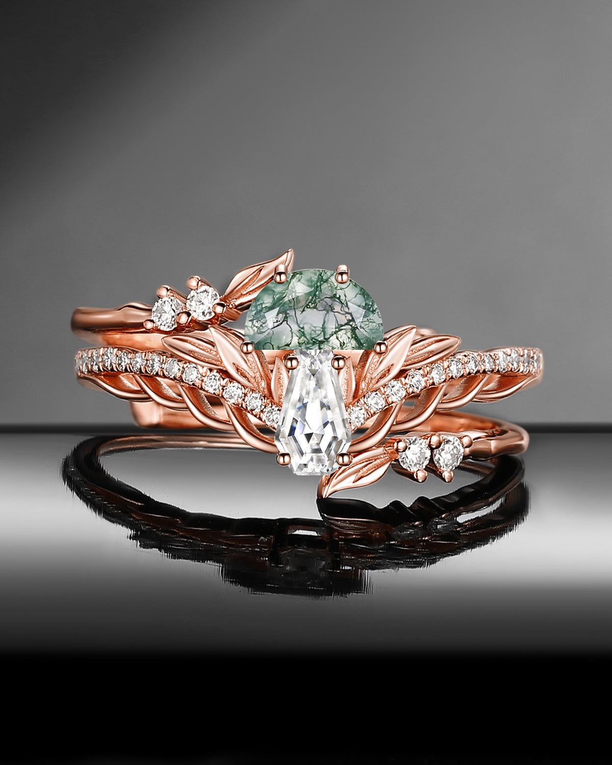 Nature Inspired 'Tree of Life' Half Moon Moss Agate & Coffin Moissanite Mushroom Leafy Cage Ring Set 2pcs