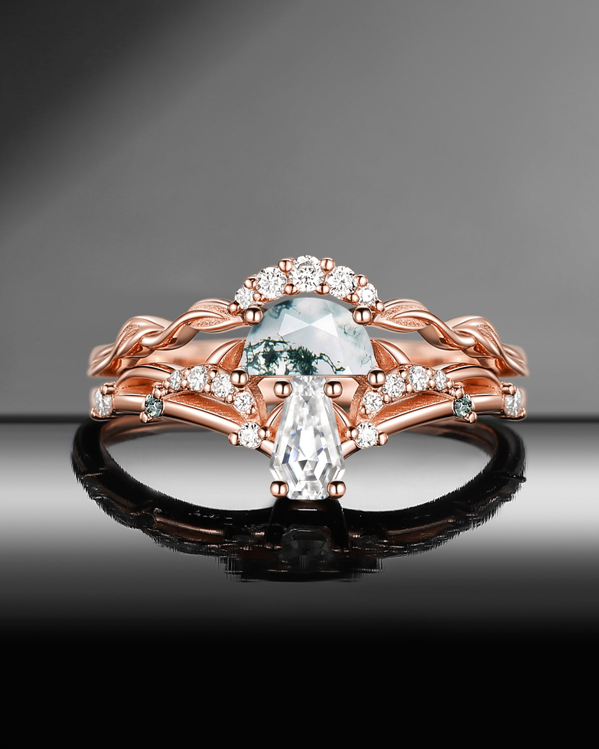 Nature Inspired 'Tree of Life' Half Moon Moss Agate & Coffin Moissanite Leafy Mushroom Engagement Ring Set 2pcs