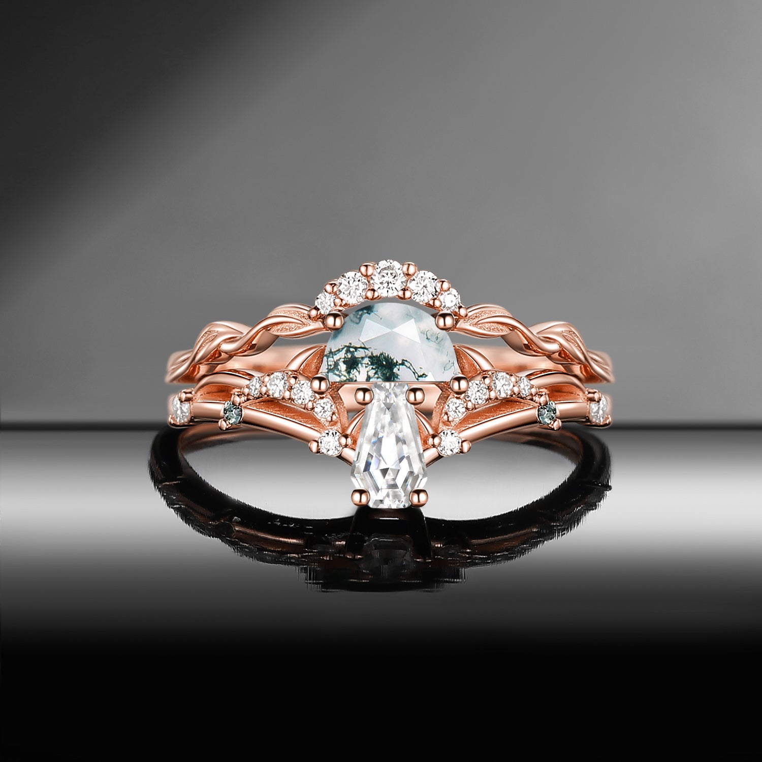 Nature Inspired 'Tree of Life' Half Moon Moss Agate & Coffin Moissanite Leafy Mushroom Engagement Ring Set 2pcs