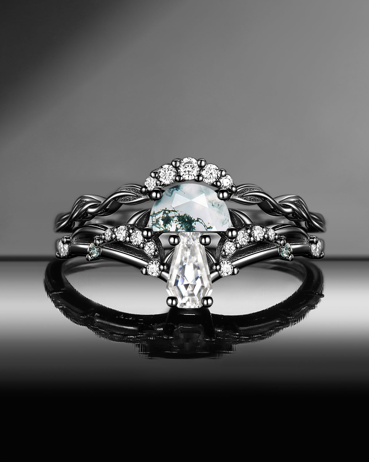 Nature Inspired 'Tree of Life' Half Moon Moss Agate & Coffin Moissanite Leafy Mushroom Engagement Ring Set 2pcs