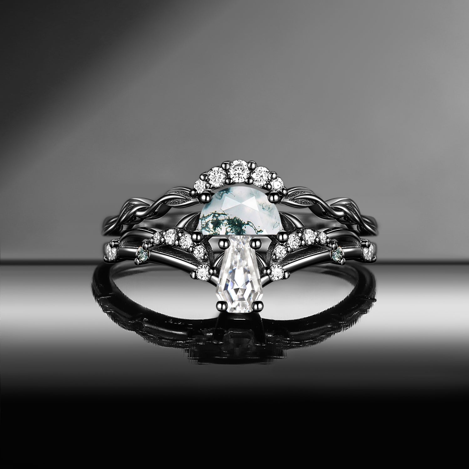 Nature Inspired 'Tree of Life' Half Moon Moss Agate & Coffin Moissanite Leafy Mushroom Engagement Ring Set 2pcs