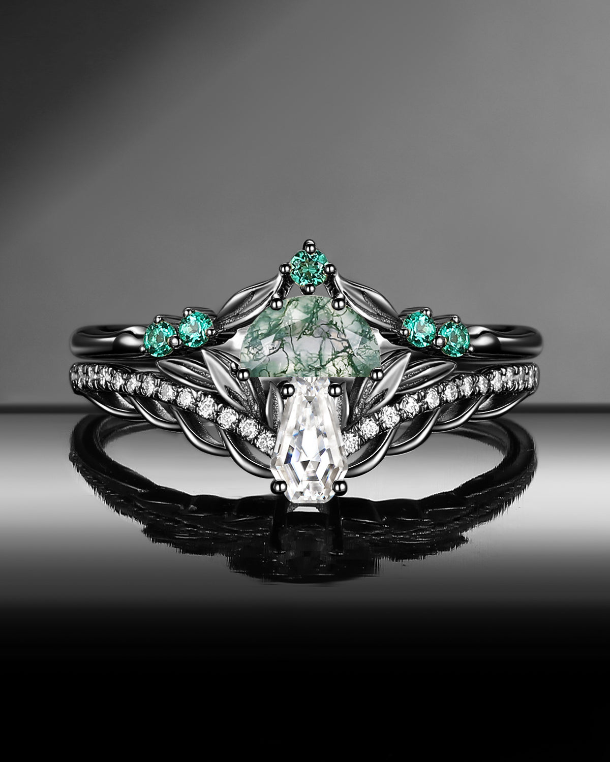 Unique Symbolic 'Tree of Life' Half Moon Moss Agate & Coffin Moissanite Mushroom Engagement Ring Set 2pcs