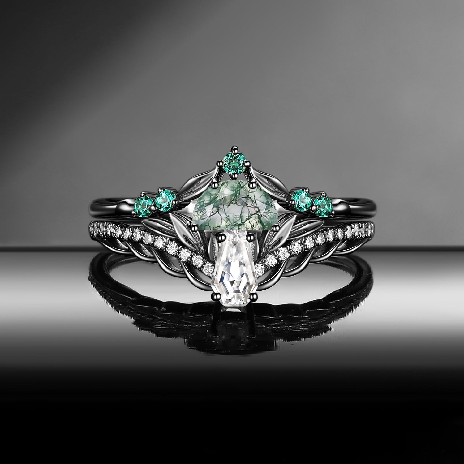 Unique Symbolic 'Tree of Life' Half Moon Moss Agate & Coffin Moissanite Mushroom Engagement Ring Set