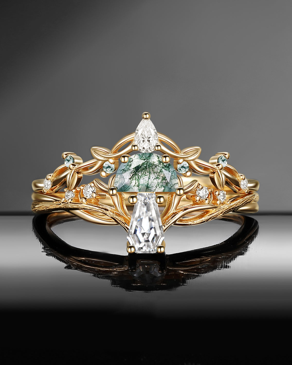 Bark Textured Half Moon Moss Agate & Coffin Moissanite 'Tree of Life' Leafy Mushroom Engagement Ring Set 2pcs