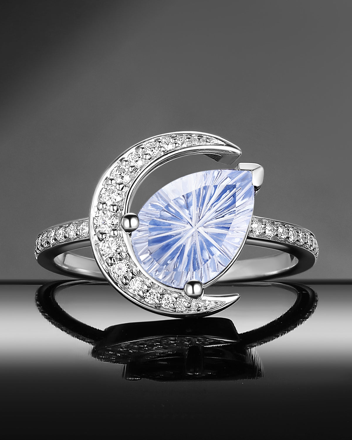 Crescent Moon - Fantasy Carved Unique Pear Lab Cornflower Sapphire Engagement Ring