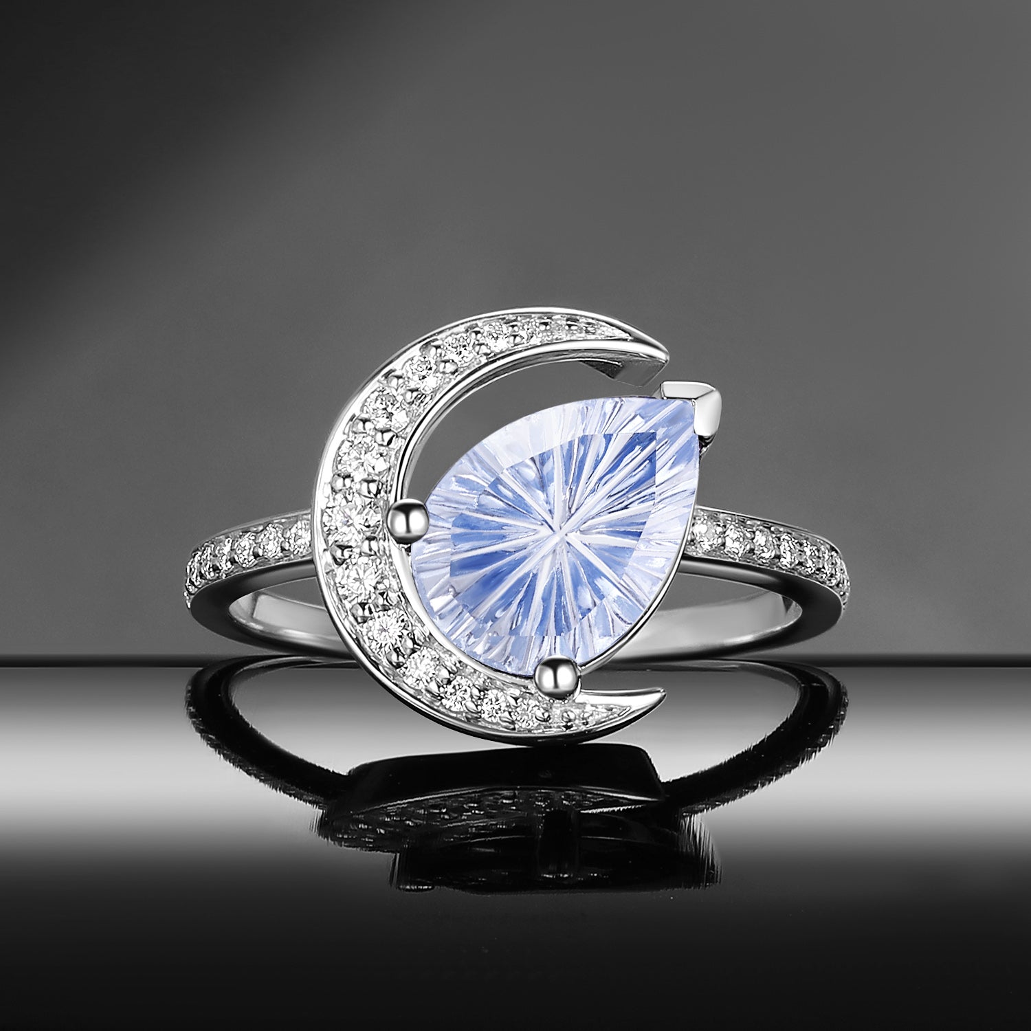 Crescent Moon - Fantasy Carved Unique Pear Lab Cornflower Sapphire Engagement Ring