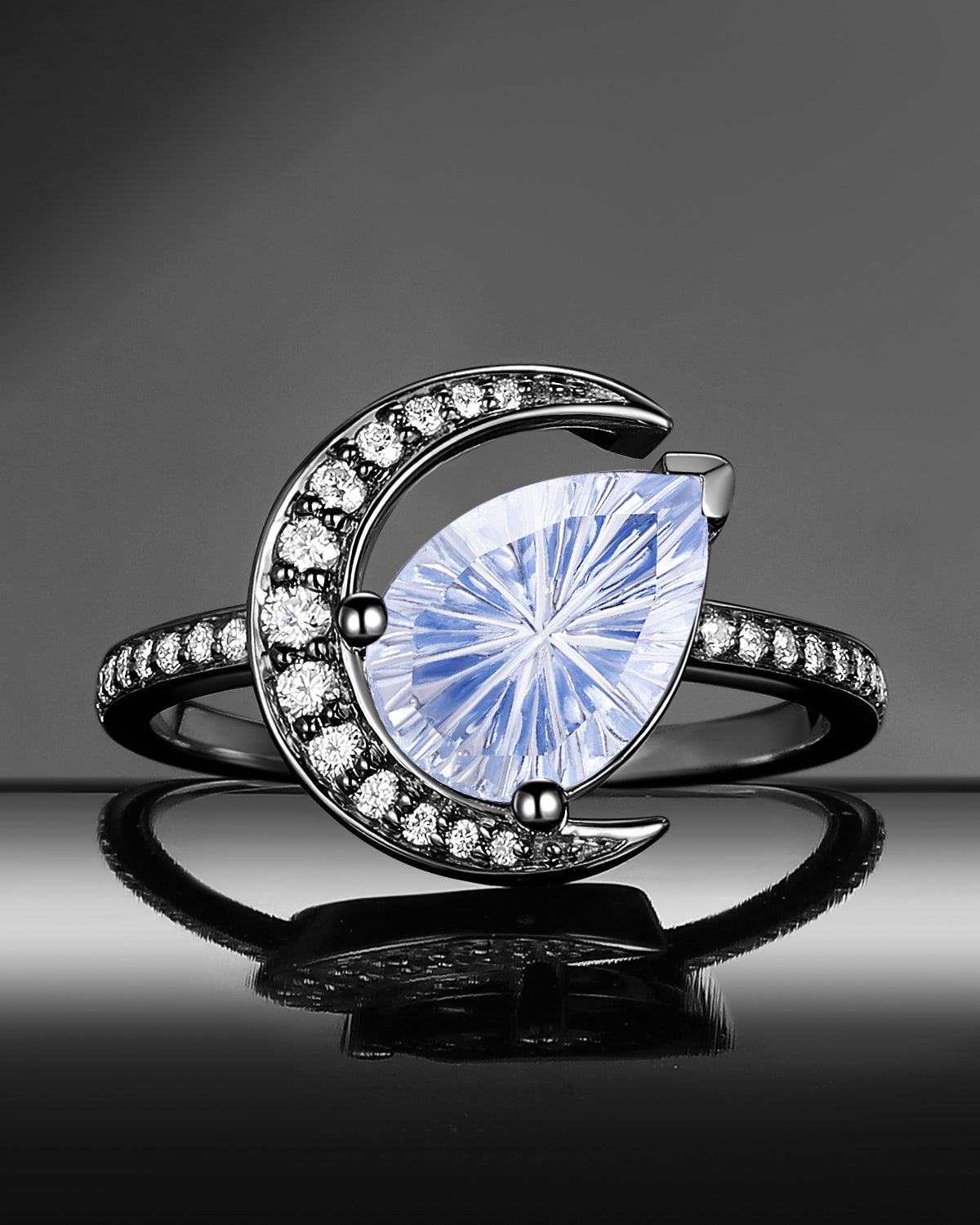 Crescent Moon - Fantasy Carved Unique Pear Lab Cornflower Sapphire Engagement Ring