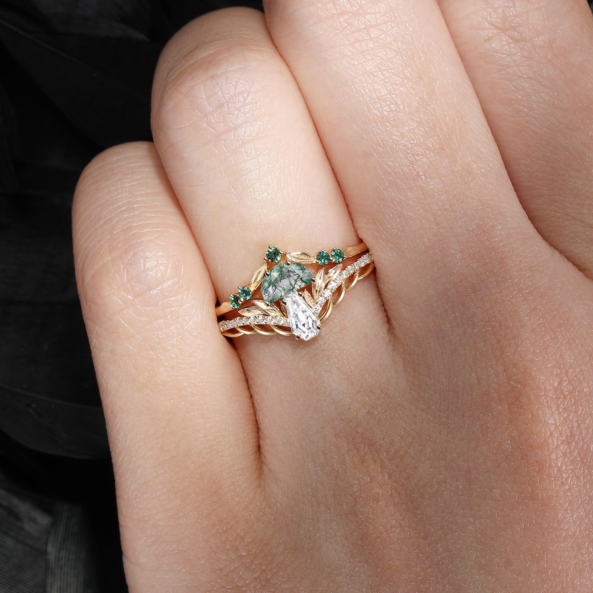 Coffin Moissanite & Moss Agate Mushroom Engagement Ring Set