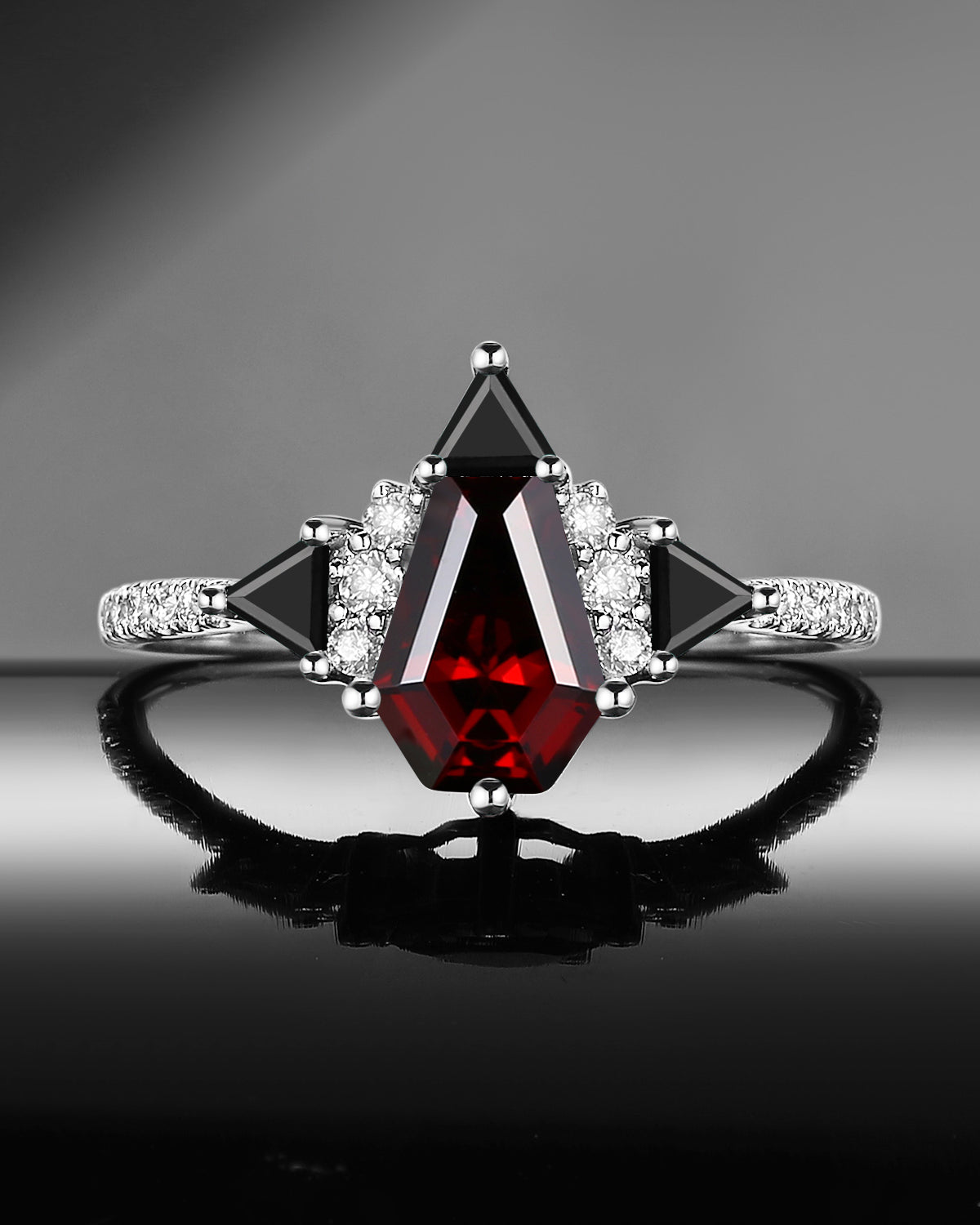 Unique Style Coffin Shaped Garnet Cluster Engagement Ring