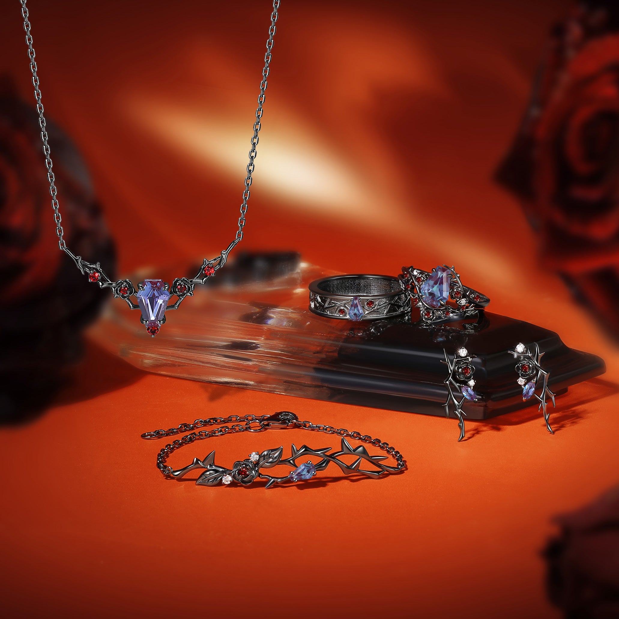 Gothic Garden of Eden Nature Inspired Coffin Alexandrite Jewelry Set - The 'Thorns & Roses' Collection