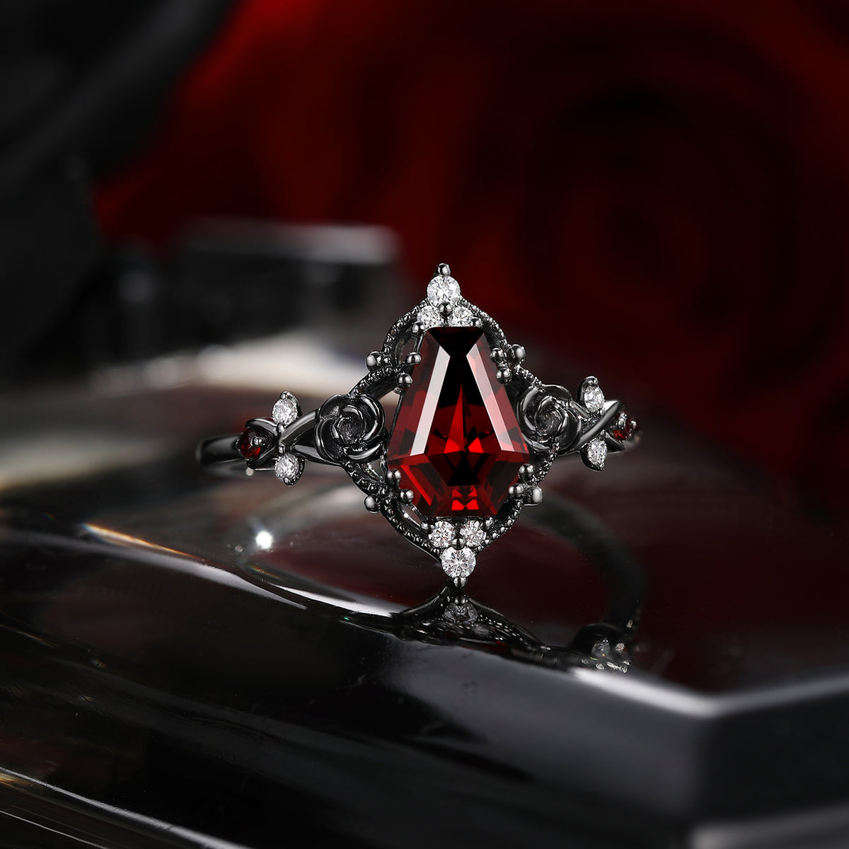 Thorns & Roses - Gothic Coffin Cut Red Garnet Flower Engagement Ring with Rose Inspired Band