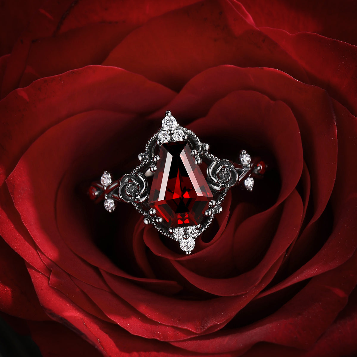 Thorns & Roses - Gothic Coffin Cut Red Garnet Flower Engagement Ring with Rose Inspired Band