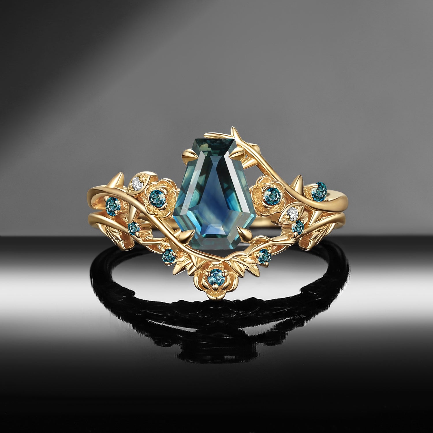 Thorns & Roses - Nature Inspired Coffin Cut Natural Teal Sapphire Engagement Ring Bridal Set with Diamond Accents