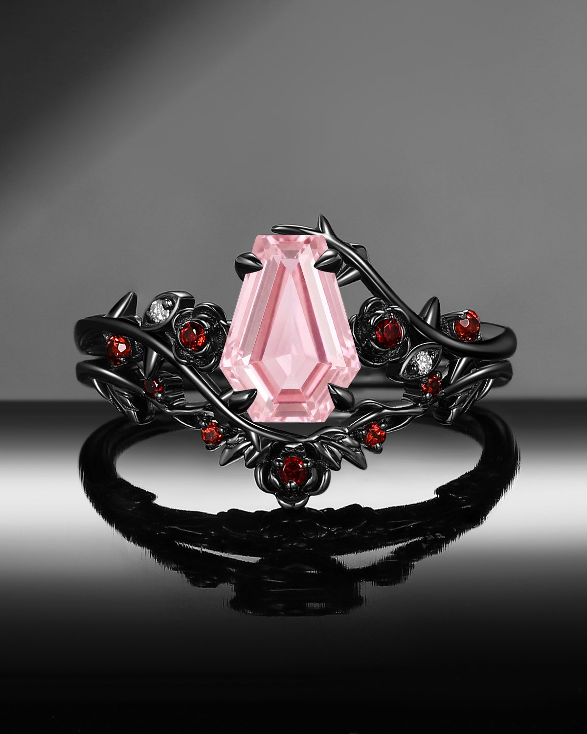 Gothic Nature Inspired Coffin Cut Lab Pink Sapphire Engagement Ring Set 2pcs - 'Thorns & Roses'