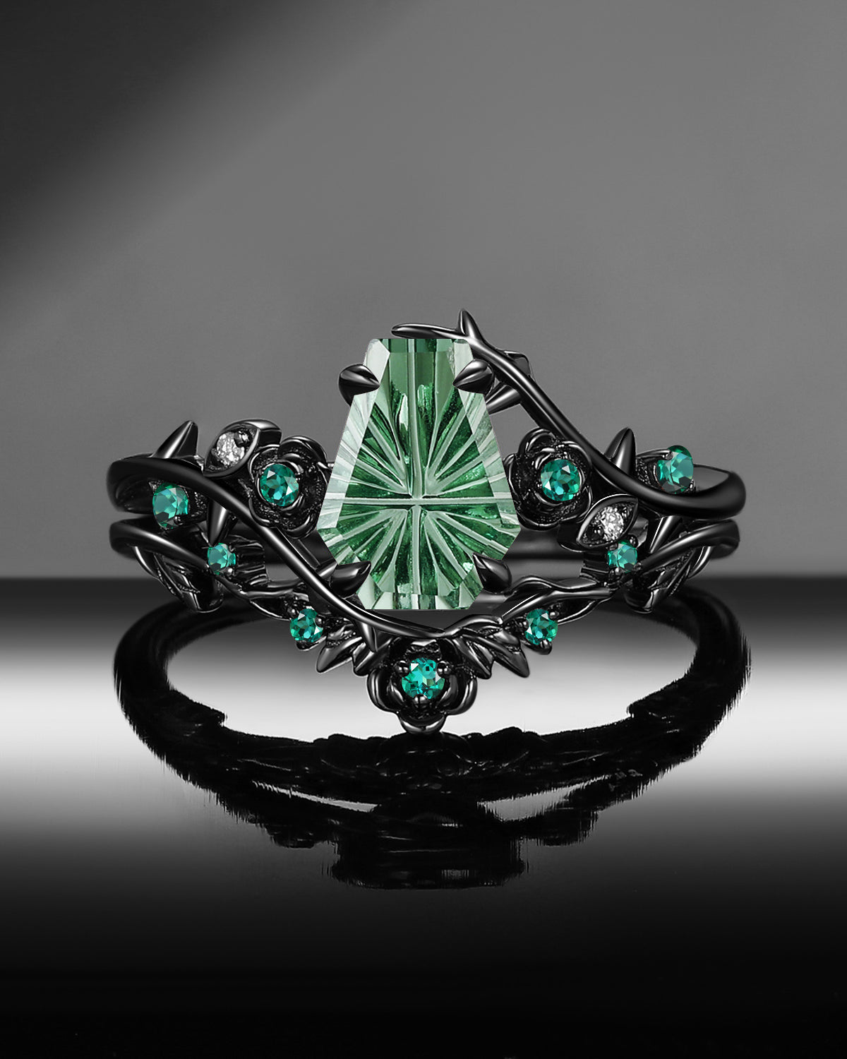 Gothic Nature Inspired Fantasy Carved Coffin Lab Green Sapphire Engagement Ring Set 2pcs - 'Thorns & Roses'