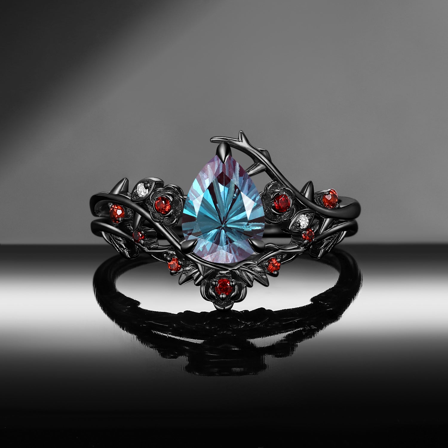 Thorns & Roses - Nature Inspired Firework Cut Pear Lab Alexandrite Engagement Ring Set
