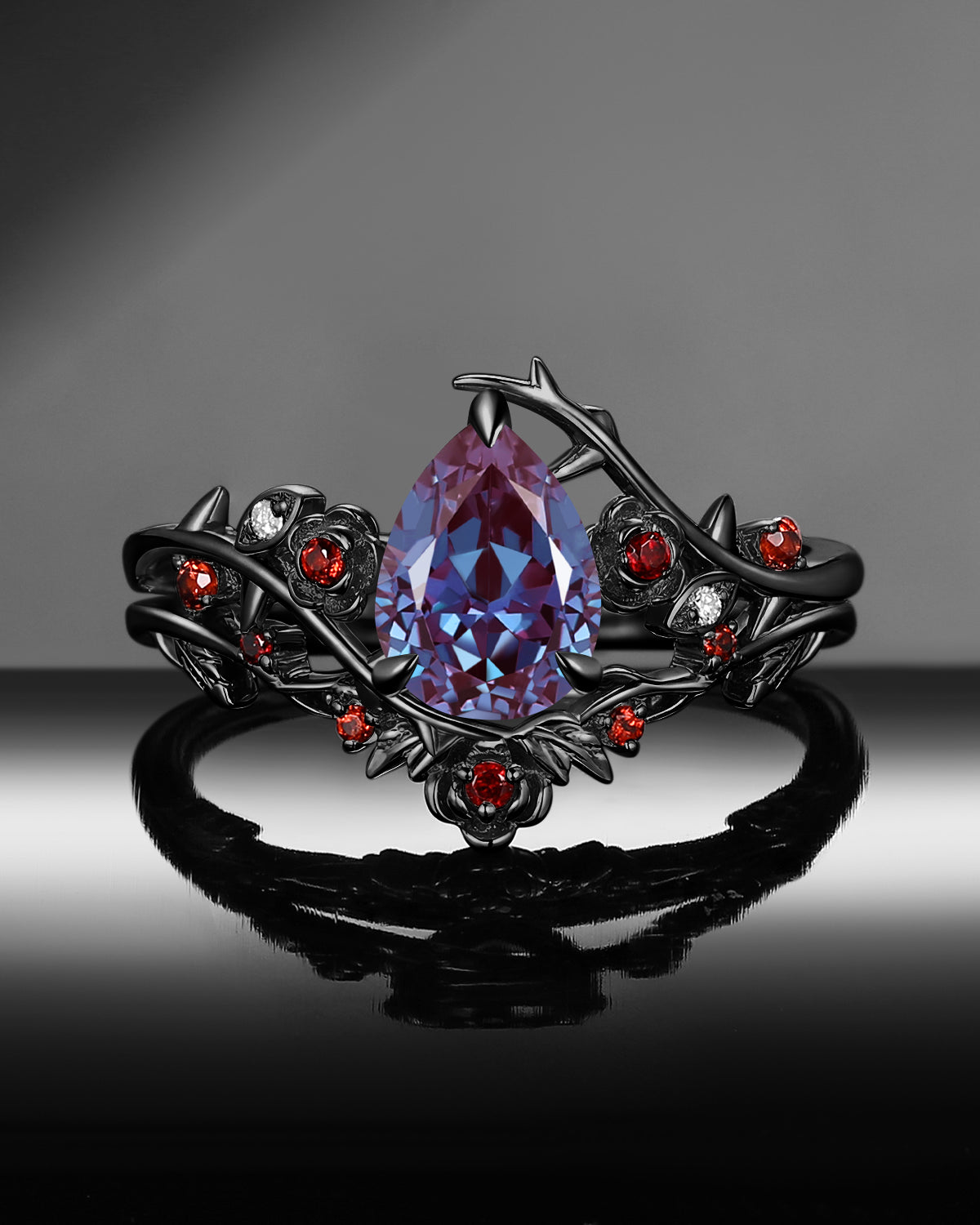 Gothic Nature Inspired Pear Cut Lab Alexandrite Engagement Ring Set 2pcs - 'Thorns & Roses'