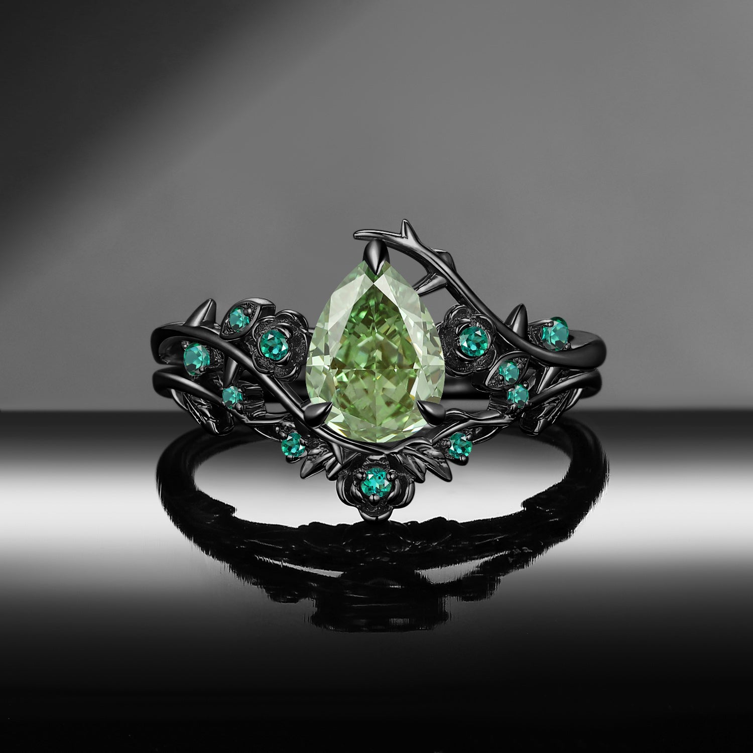'The Fine Print' - IGI Certified Nature Inspired Pear Lab Green Diamond Thorns & Roses Bridal Set with Twisted Vine Band