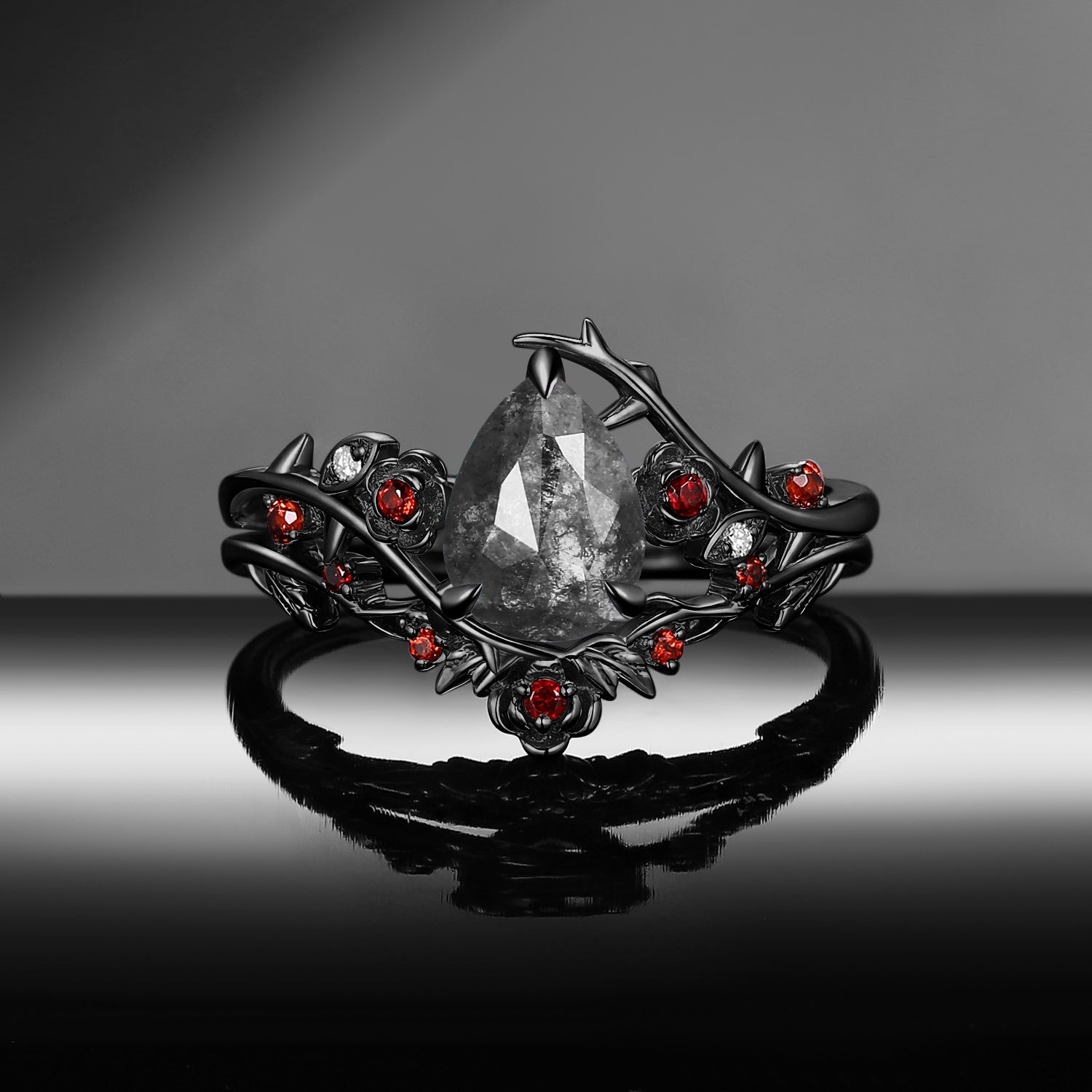 'The Fine Print' - Nature Inspired Pear Salt & Pepper Diamond Thorns & Roses Bridal Set with Twisted Vine Band