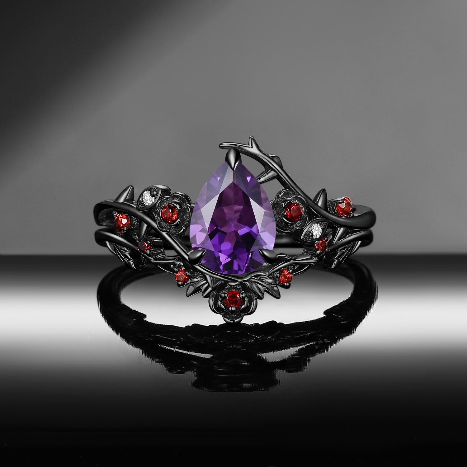 'The Fine Print' - Nature Inspired Pear Natural Amethyst Thorns & Roses Bridal Set with Twisted Vine Band