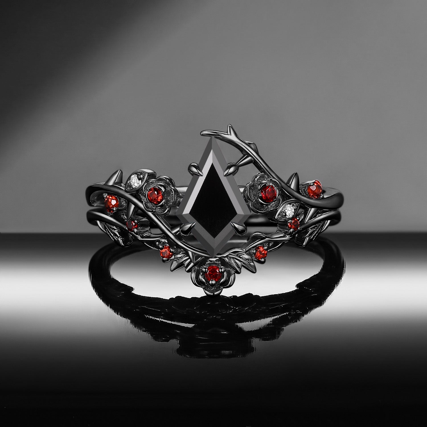 'The Fine Print' - Nature Inspired Kite Cut Black Moissanite Thorns & Roses Bridal Set with Twisted Vine Band