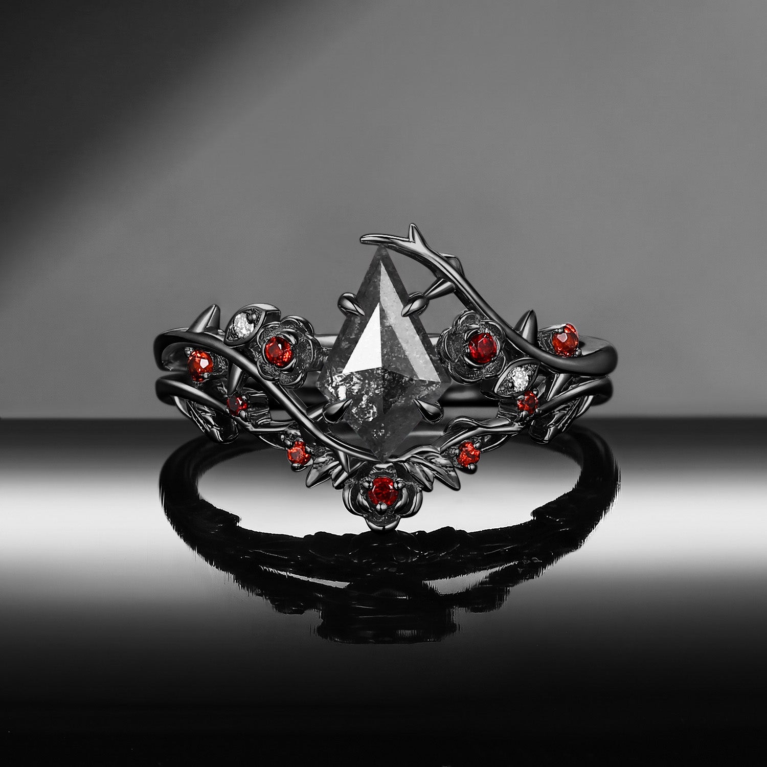'The Fine Print' - Nature Inspired Kite Salt & Pepper Diamond Thorns & Roses Bridal Set with Twisted Vine Band