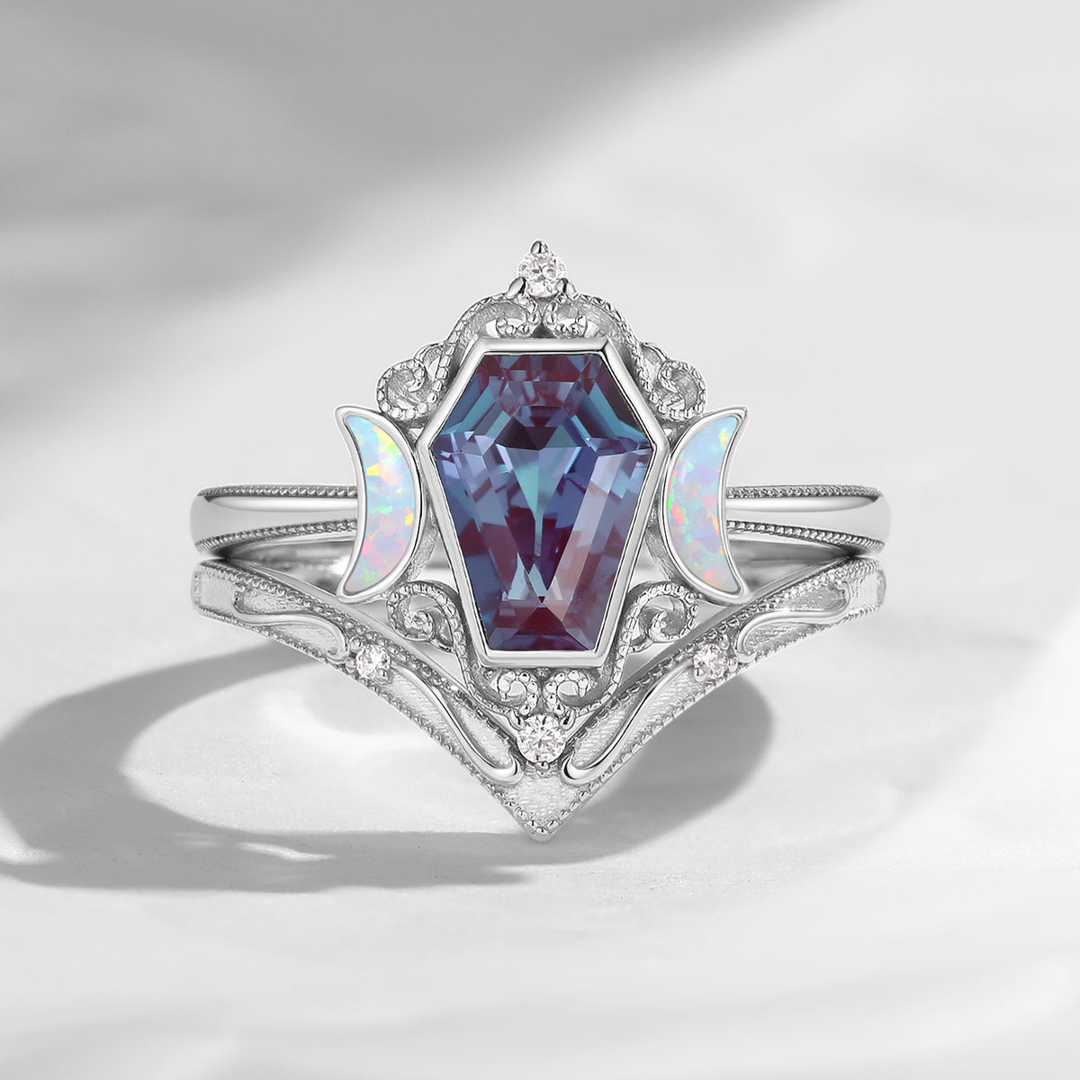 Crescent Moon - Vintage Coffin Cut Lab Alexandrite Engagement Ring Set with Milgrain Detailing
