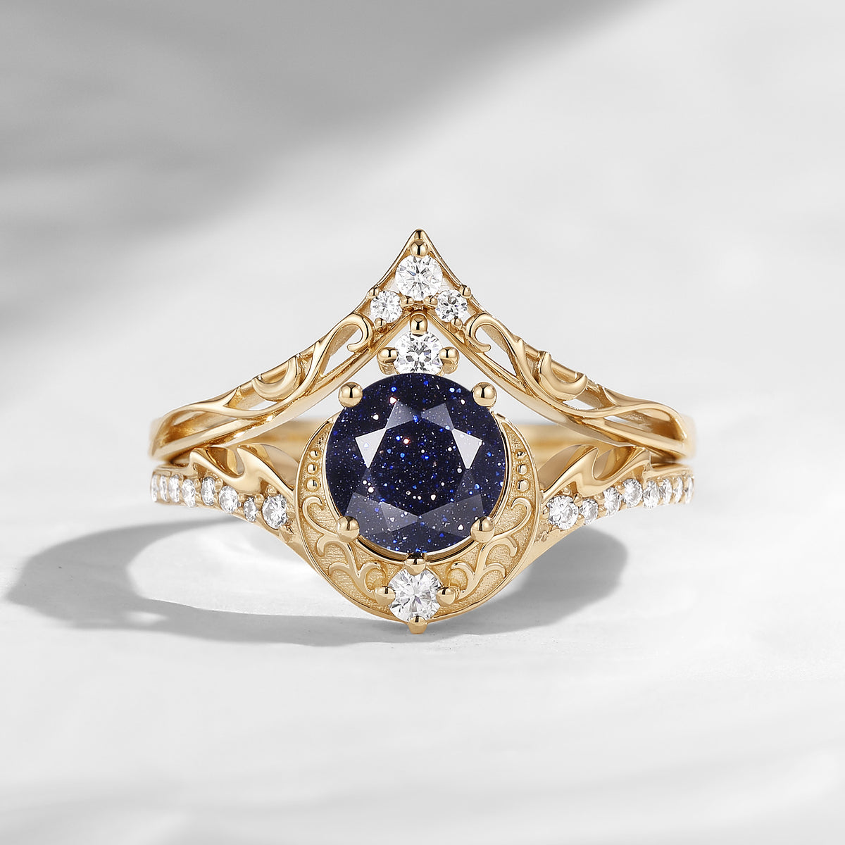 Celestial Ring – Vintage Round Cut Blue Sandstone Engagement Ring Set with Hidden Star Cutout