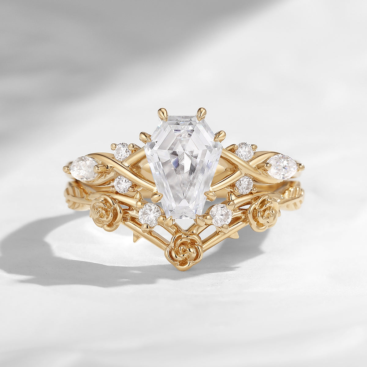 'Guarded Bloom' - Nature Inspired Coffin Moissanite Romantic Rose Flower Engagement Ring Set with Rose-inspired Band