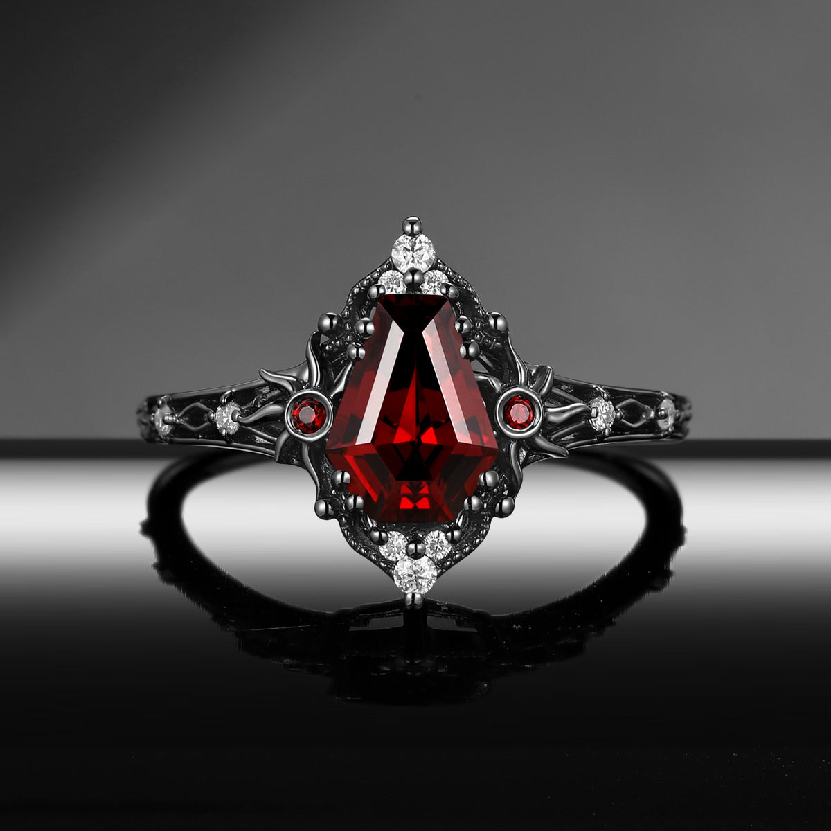 Celestial Ring - Sun-Inspired Coffin Cut Red Garnet Engagement Ring