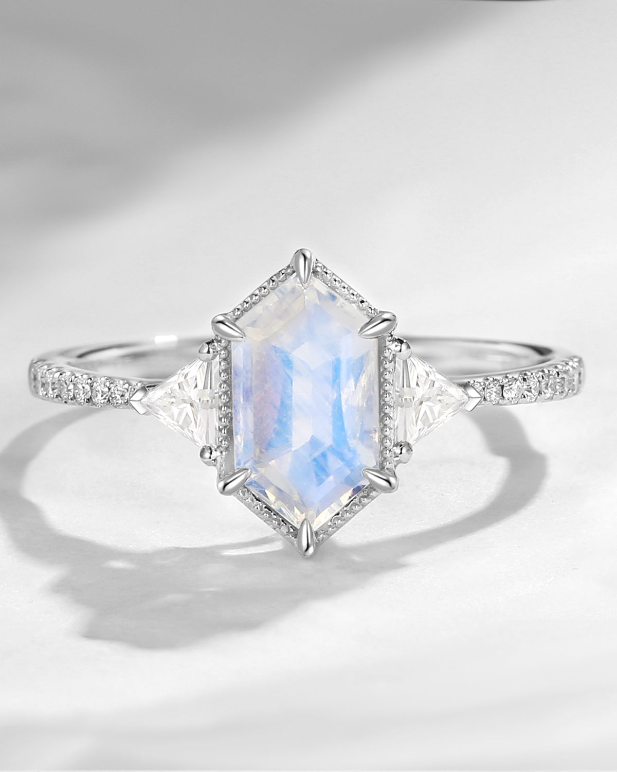 Classic Long Hexagon Moonstone Engagement Ring