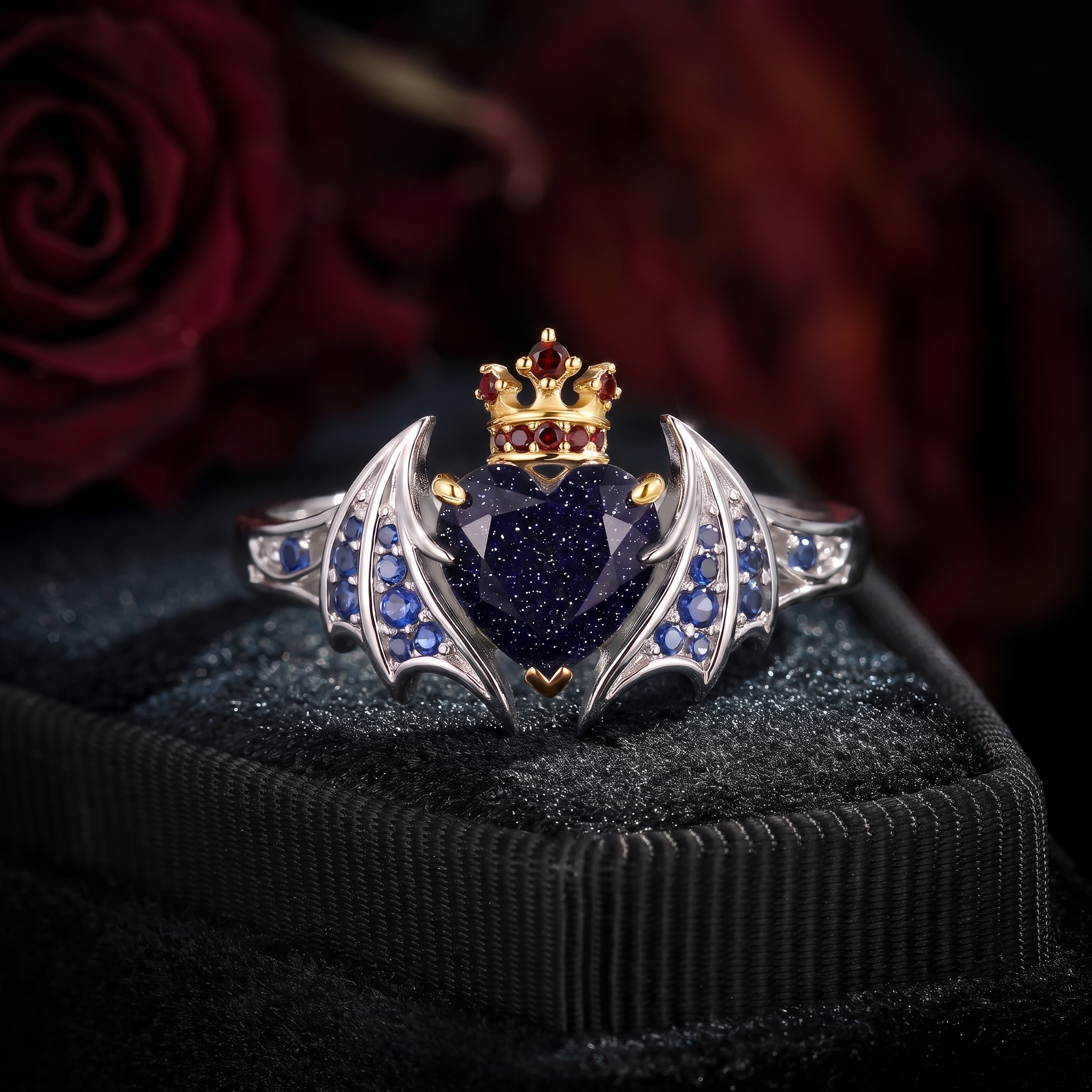 Bat Ring - Gothic Heart Cut Blue Sandstone Engagement Ring with Bat Wing-inspired Band