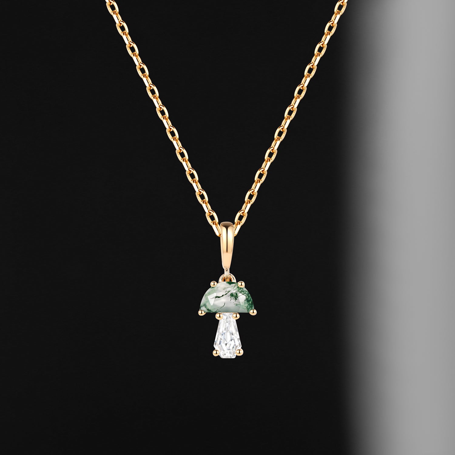 Unique Half Moon Moss Agate + Coffin Cut Moissanite Mushroom Necklace - 'Tree of Life'