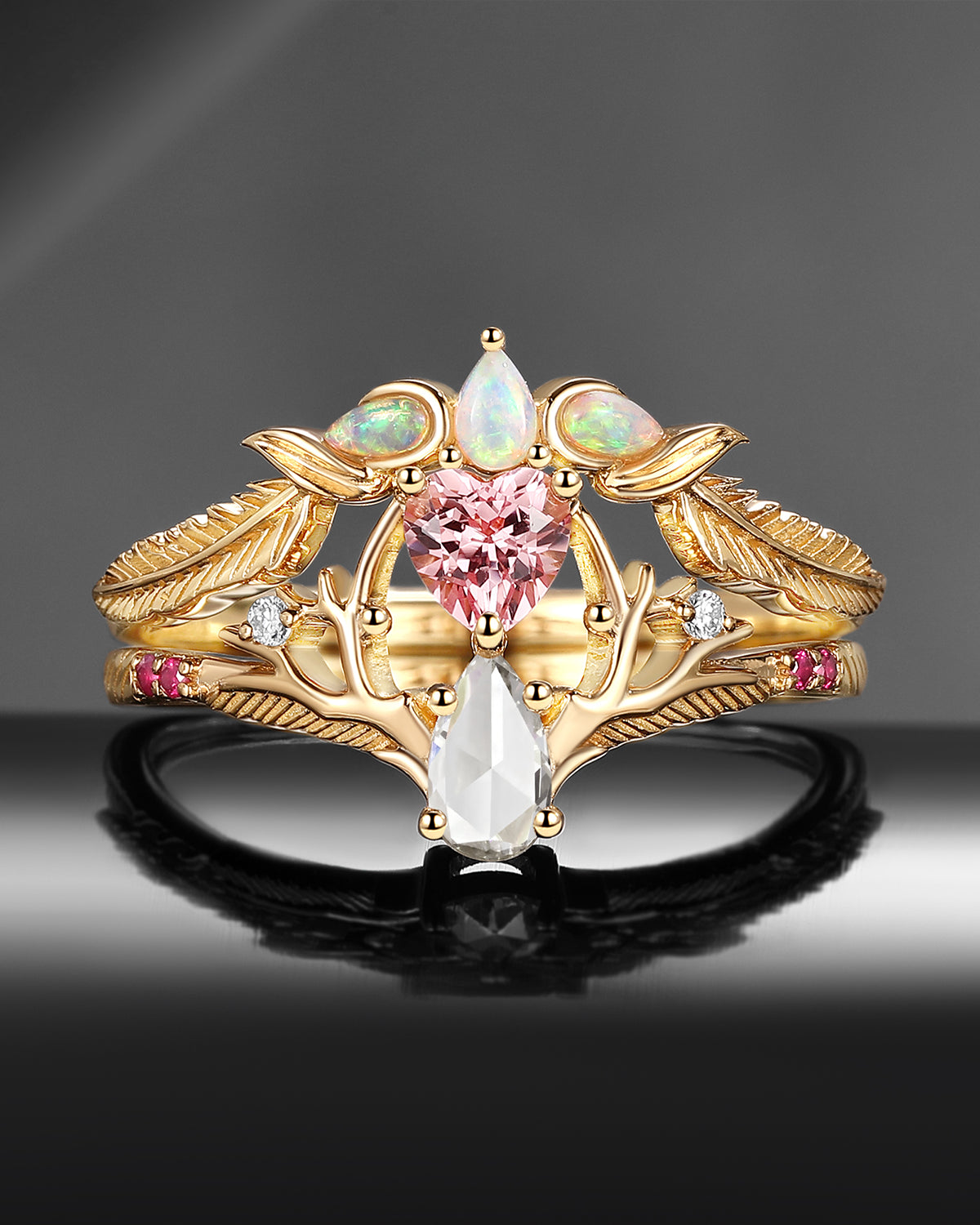 Unique Heart Lab Pink Sapphire + Pear Moissanite 'Tree of Life' Engagement Ring Set 2pcs