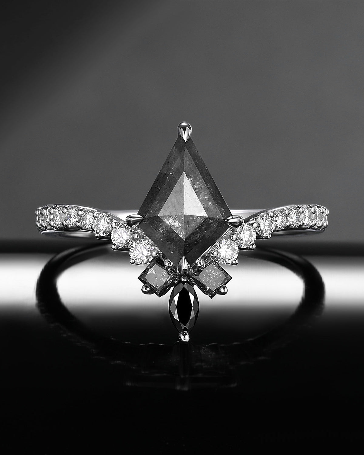 Art Deco Kite Cut Natural Salt & Pepper Diamond Engagement Ring – Chevron Band with Diamond Accents