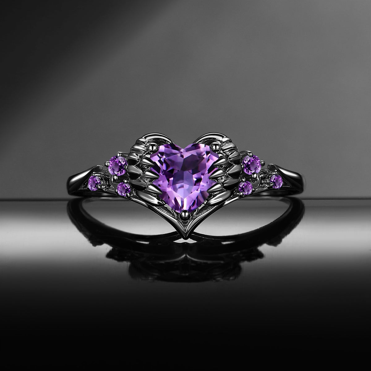 'Pierced Heart' – Gothic Natural Amethyst Heart & Sword Engagement Ring with Angel Wing Detail
