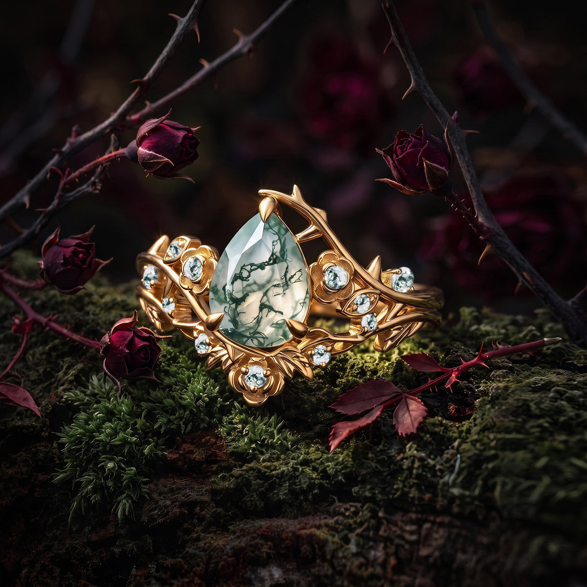 'The Fine Print' - Nature Inspired Pear Cut Moss Agate Thorns & Roses Bridal Set with Twisted Vine Band