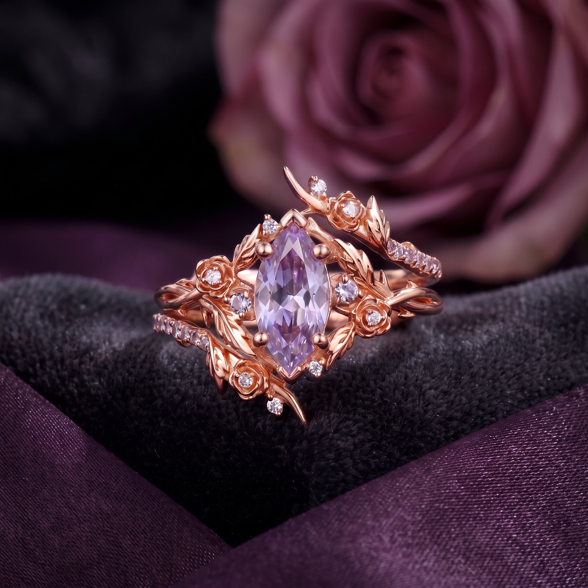 Thorns & Roses - Nature Inspired Marquise Lab Lavender Sapphire Twisted Engagement Ring Set with Flower & Vine Inspired Cage Ring Jacket