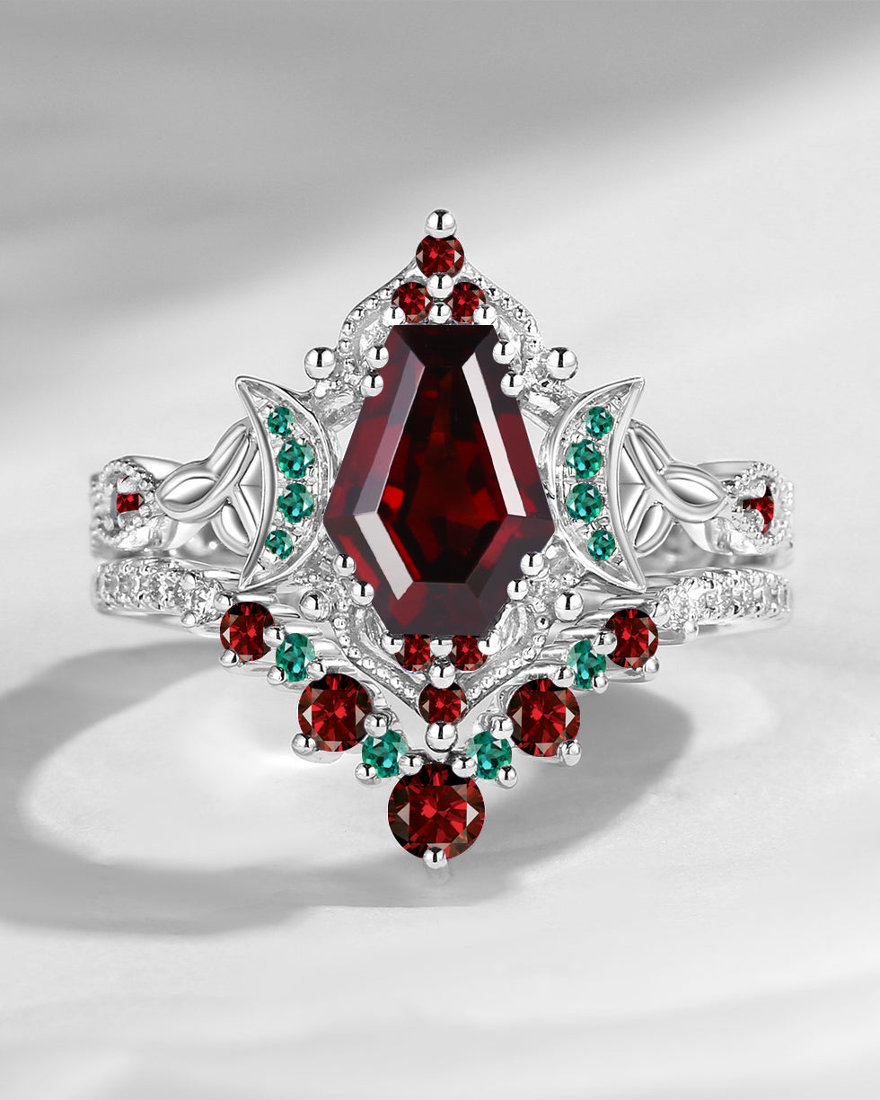 Crescent Moon | Unique Coffin Cut Garnet Celtic Moon Engagement Ring Set 2pcs