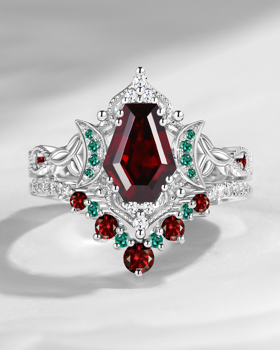 Crescent Moon | Vintage Celtic Knot Coffin Garnet Engagement Ring Set 2pcs