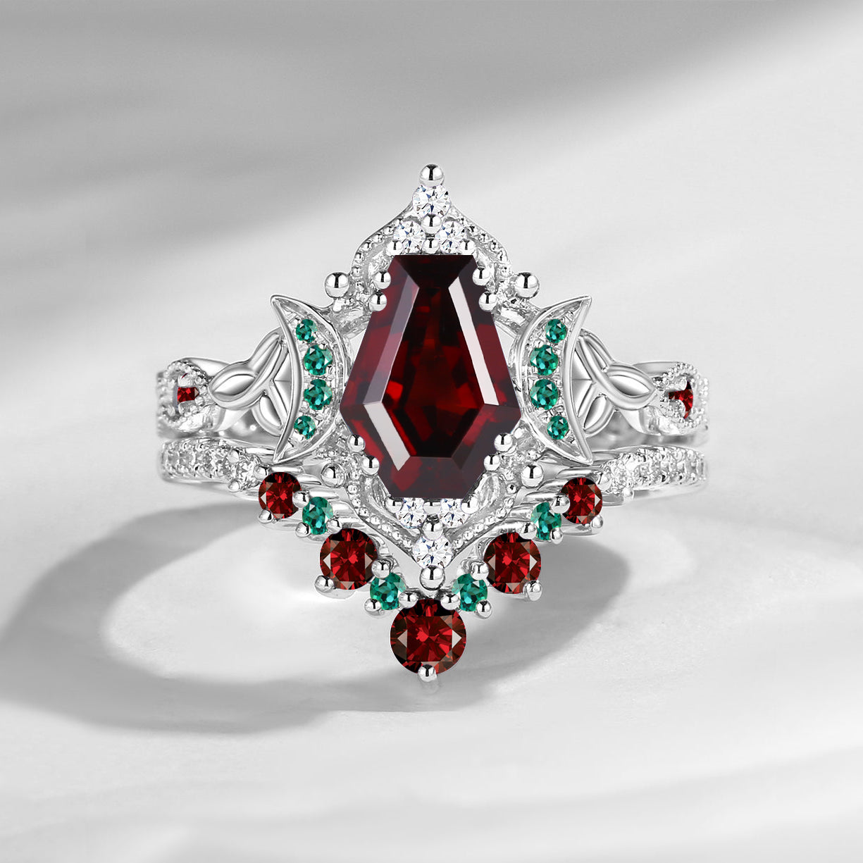Crescent Moon | Vintage Celtic Knot Coffin Garnet Engagement Ring Set 2pcs