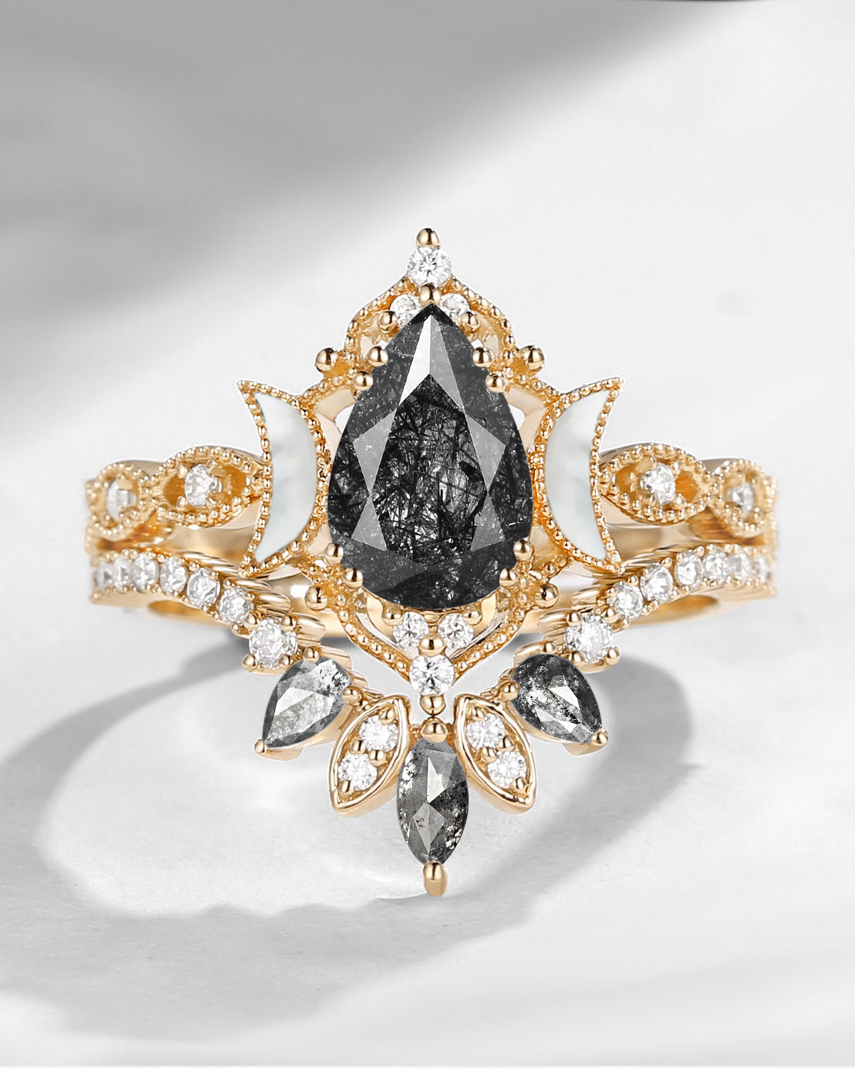 Crescent Moon | Pear Black Rutilated Quartz & Mother of Pearl Moon 'Ultra Galaxy' Engagement Ring Set 2pcs