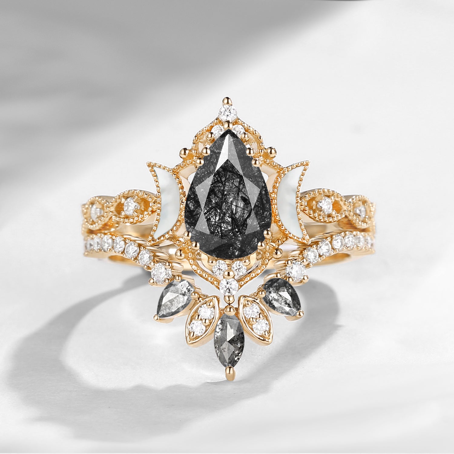 Crescent Moon | Pear Black Rutilated Quartz & Mother of Pearl Moon 'Ultra Galaxy' Engagement Ring Set 2pcs