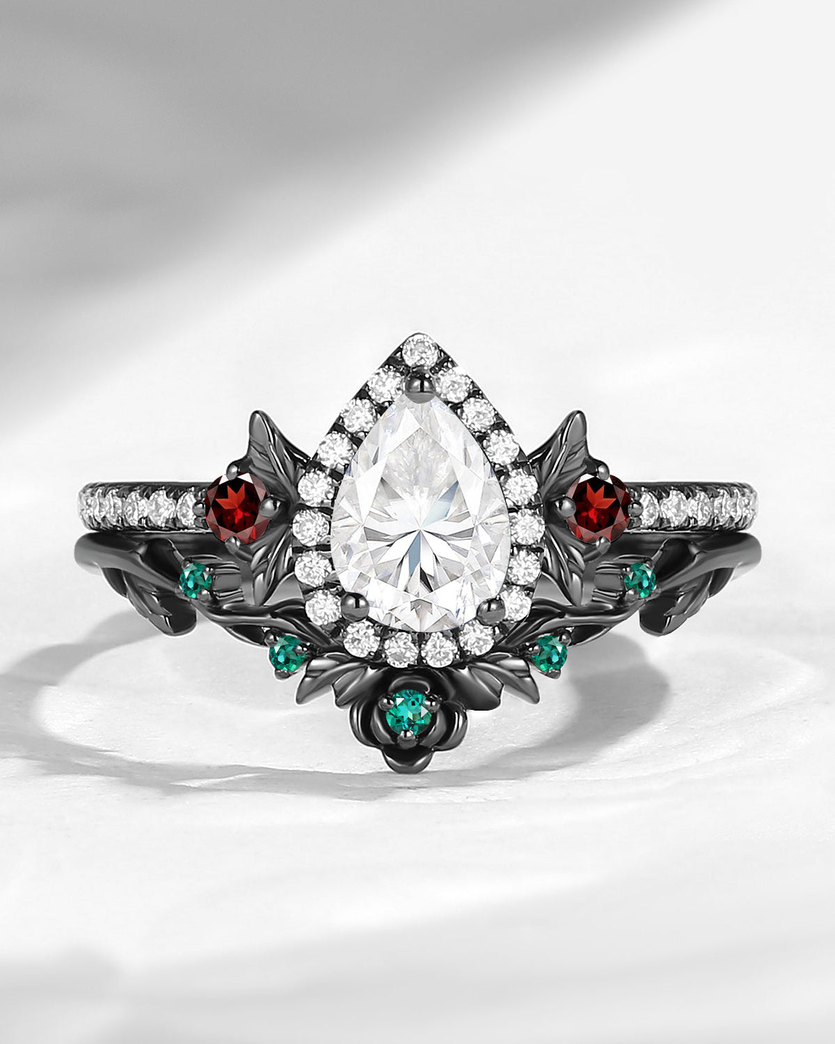 Nature Inspired Pear Cut Moissanite 'Thorns & Roses' Halo Engagement Ring Set 2pcs