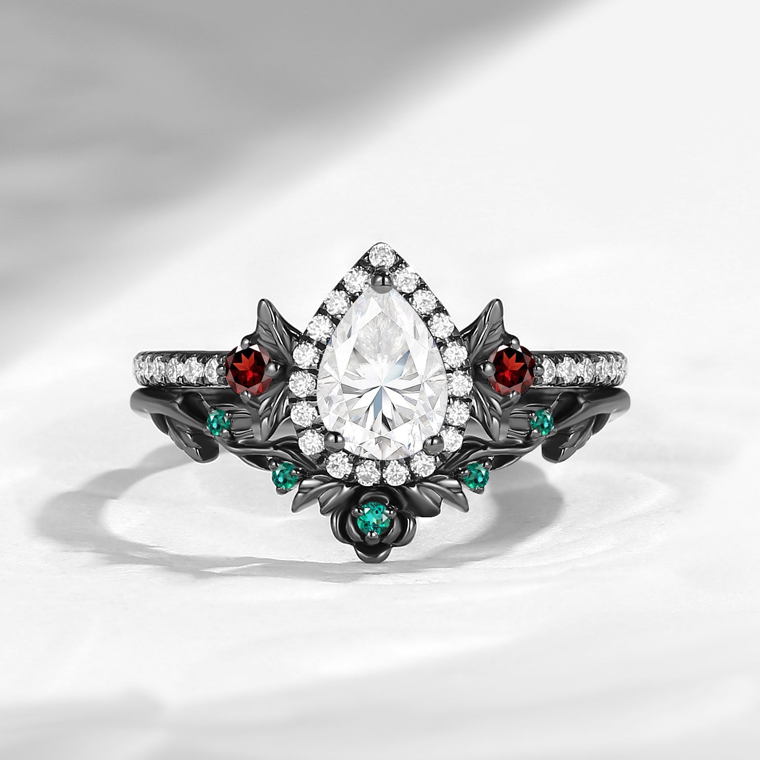 Nature Inspired Pear Cut Moissanite 'Thorns & Roses' Halo Engagement Ring Set 2pcs