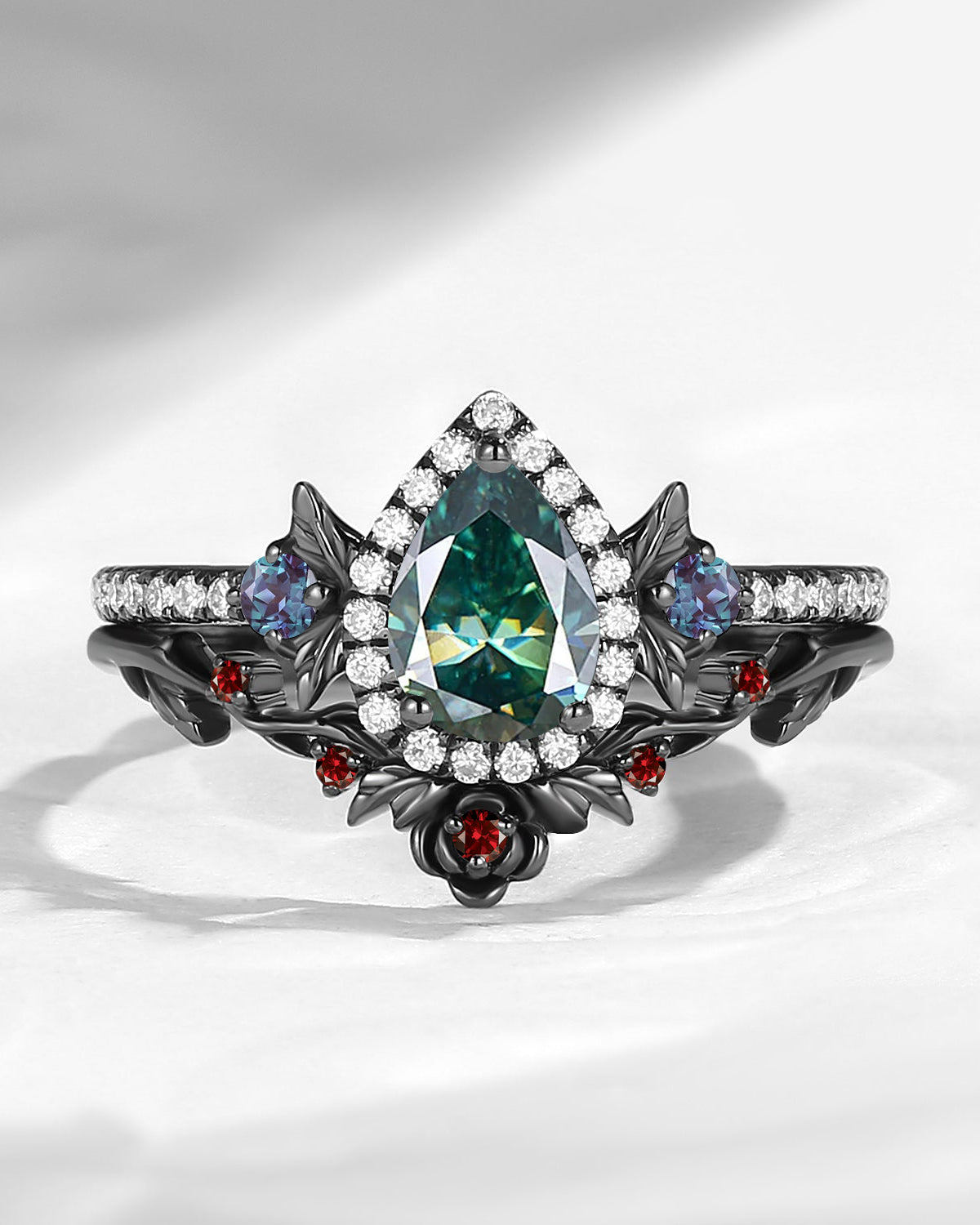 Nature Inspired Pear Cut Lab Teal Sapphire Halo Engagement Ring Set 2pcs