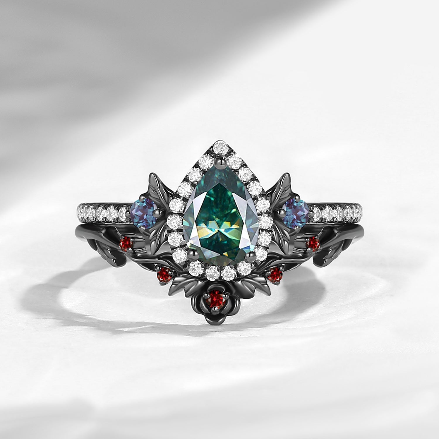 Nature Inspired Pear Cut Lab Teal Sapphire Halo Engagement Ring Set 2pcs