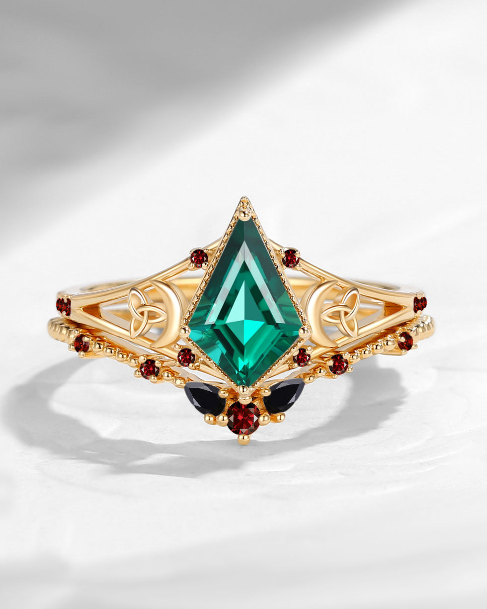 Celtic Moon | Unique Style Kite Lab Emerald 'Celestial Moon' Split Band Engagement Ring Set 2pcs
